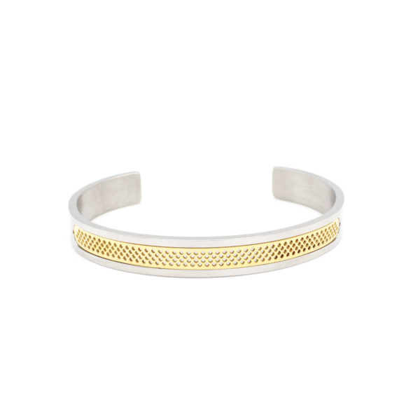 Bracelete Liso Com Detalhes Em Colmeia Centralizado Em Aço Inox PVD Dourado
