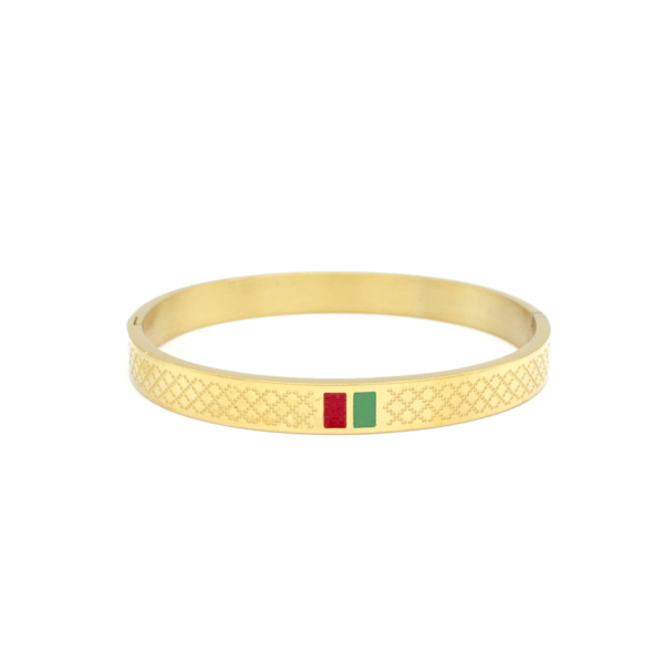 Bracelete Texturizado Com Resina Verde E Vermelha Em Aço Inox PVD Dourado