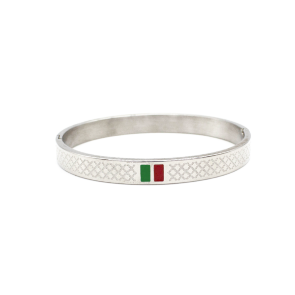 Bracelete Texturizado Com Resina Verde E Vermelha Em Aço Inox PVD Prata