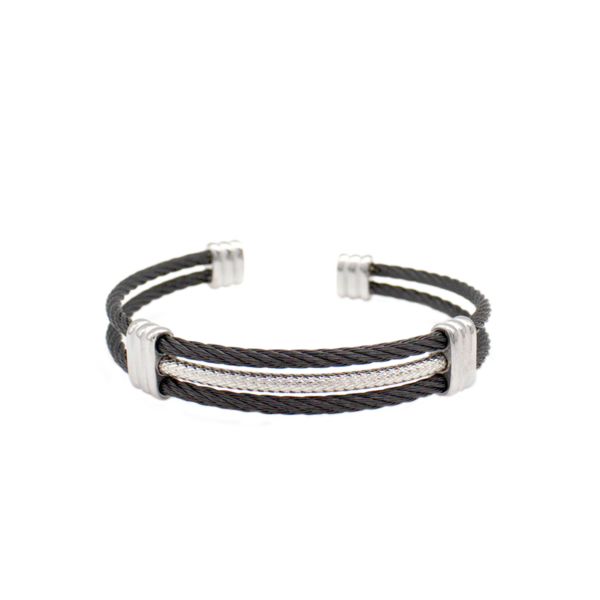 Bracelete Trançado Em Aço Inox Com Detalhes Preto E Prata