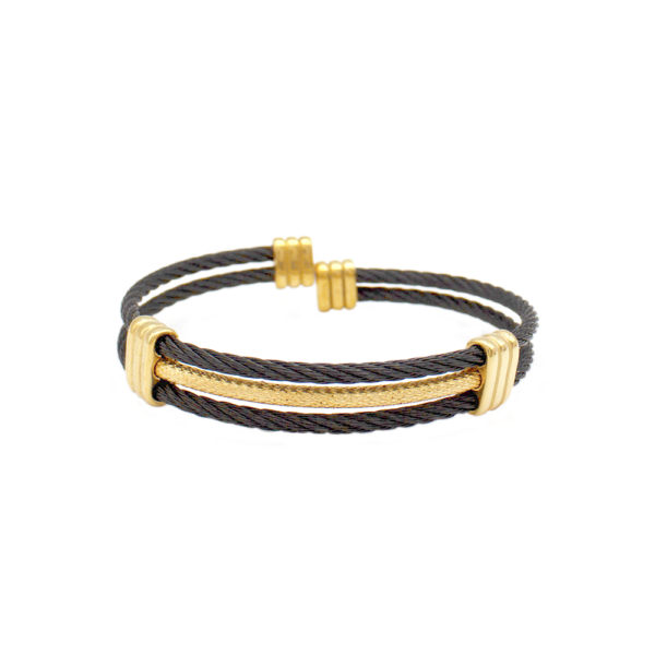 Bracelete Trançado Em Aço Inox Com Detalhes Preto E Dourado