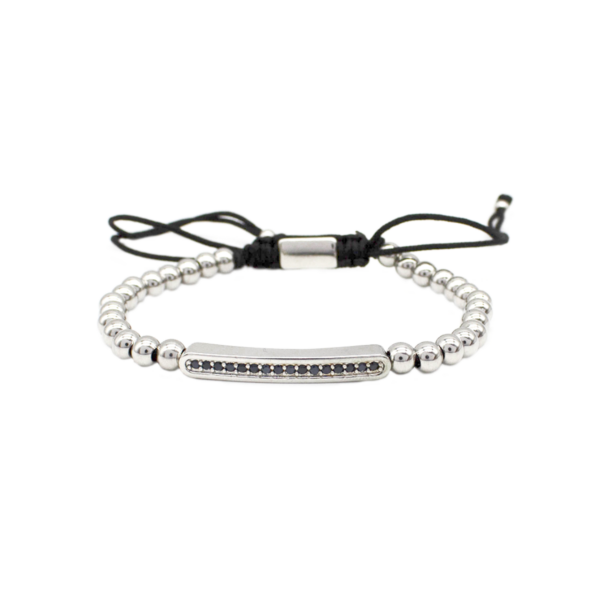 Pulseira Masculina Ajustável Com Esferas E Detalhe Central Em Zircônias Em Aço Inox PVD Prata