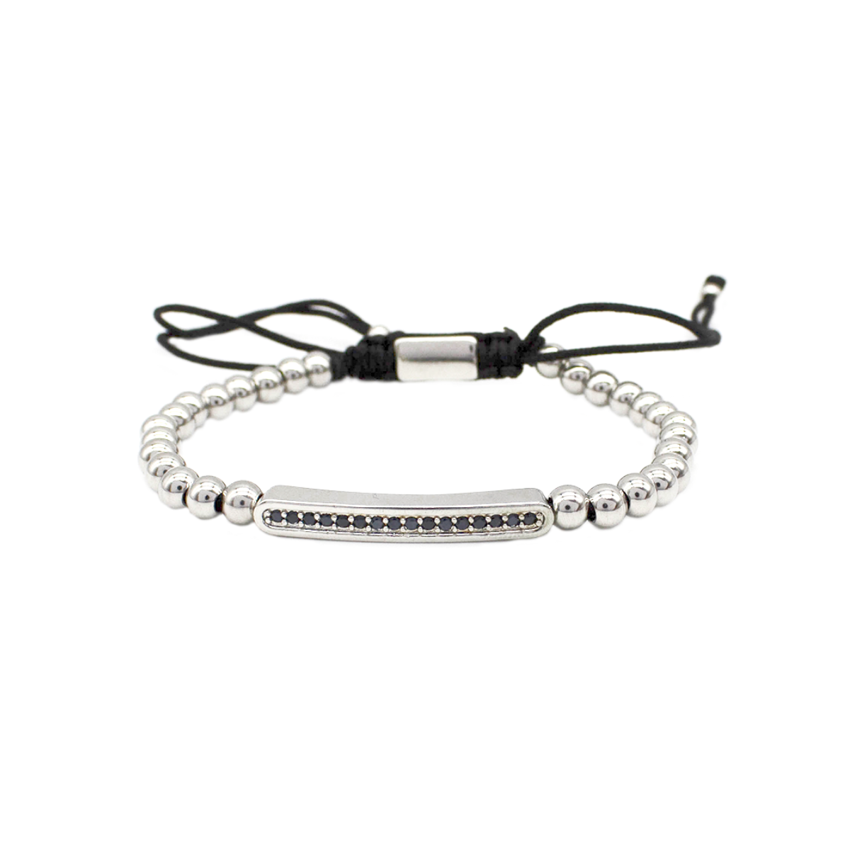 PU1941-RB-1 Pulseira Masculina Ajustável Com Esferas E Detalhe Central Em Zircônias Em Aço Inox PVD Prata - Imagem 1