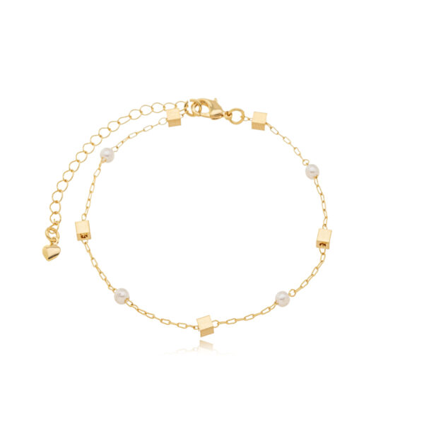 Pulseira De Pérolas Com Detalhes Quadrados Banhada A Ouro